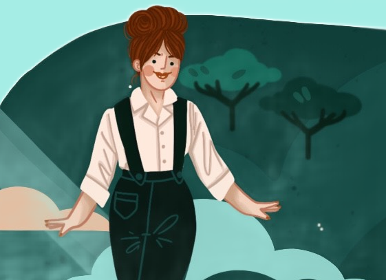 An illustration of a smiling red-haired white woman wearing a white shirt and black pants, done in a retro style.