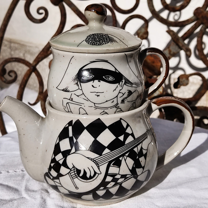 Vintage Stoneware Harlequin Selfish Teapot and Cup
