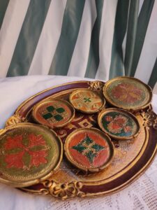 Vintage Florentine Wooden Tray and Coaster Set (7 pieces)