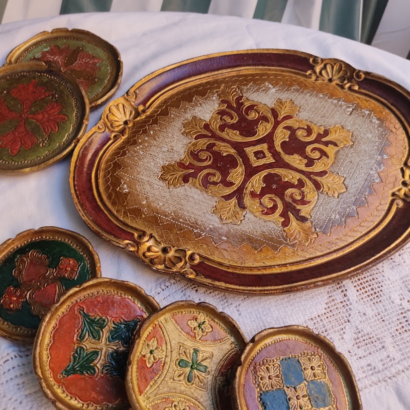 Vintage Florentine Wooden Tray and Coaster Set (7 pieces)