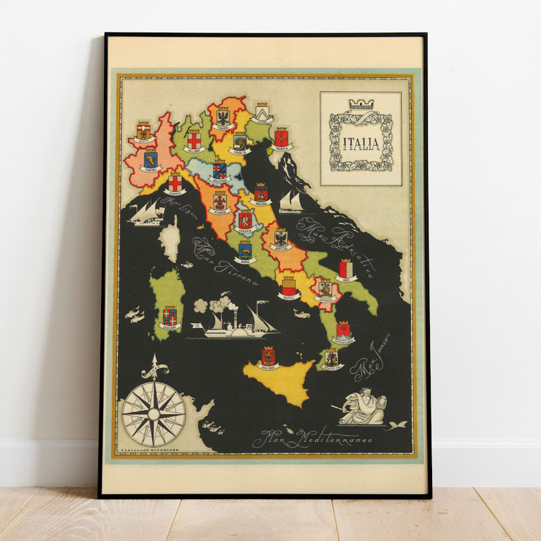 Vintage Map of Italy by region, 1951, COLORFUL, A1 poster size PDF