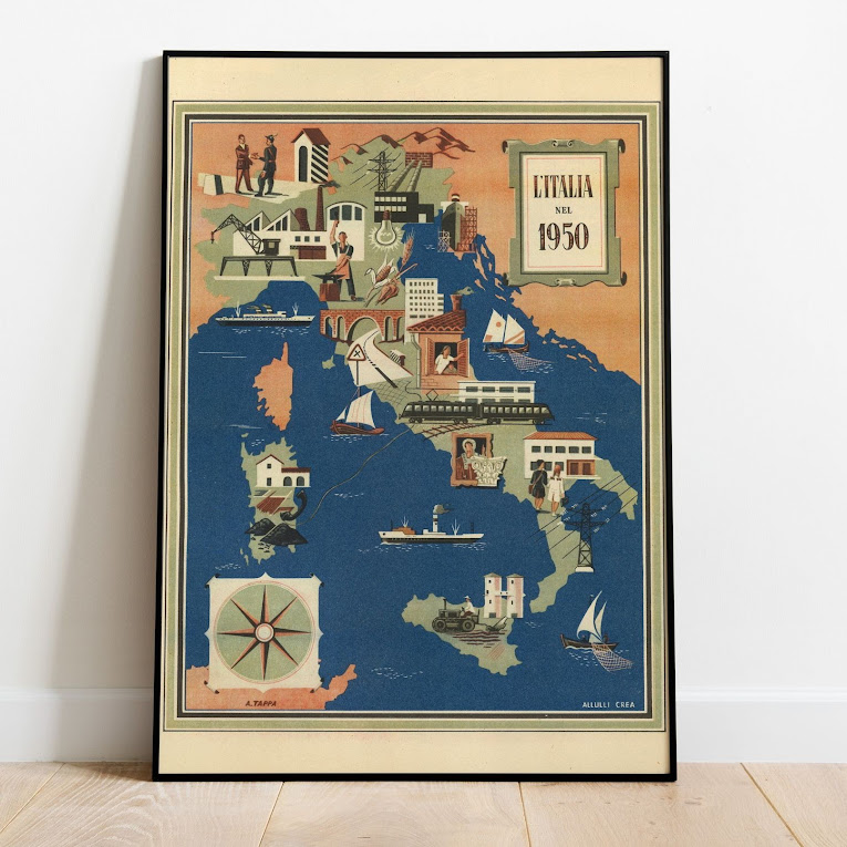 Vintage Map of Italy, 1951, COLORFUL, A1 poster size PDF