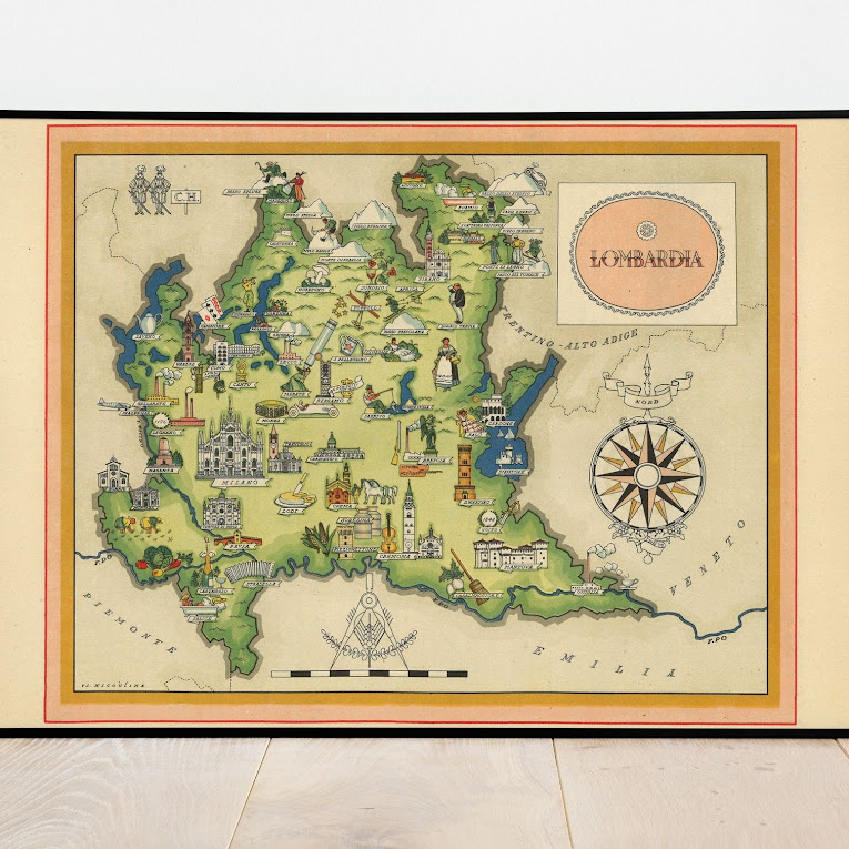 Vintage Map of Lombardia, Italy, 1951, COLORFUL, A1 poster size PDF