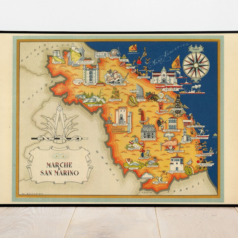 Vintage Map of Marche, Italy and San Marino, 1951, COLORFUL, A1 poster size PDF