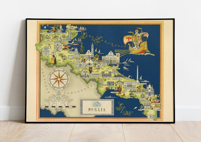Vintage Map of Puglia, Italy, 1951, COLORFUL, A1 poster size PDF