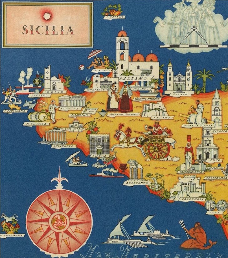 Close up on a section of a large, colorful map of Siciliy, Italy, illustrated in shades of red, yellow, and blue showing monuments, wildlife, and beaches.