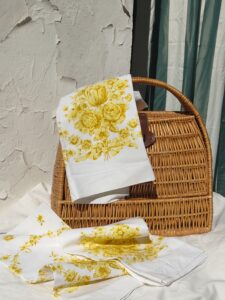 1970's Yellow Floral Linen, Vintage Bassetti Towel Set - 3x